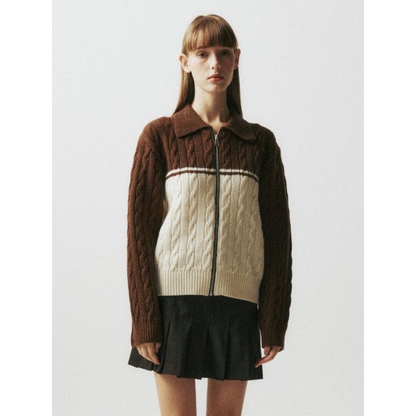 Cable Knit Zip-up Cardigan_Brown