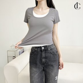 여성 여름 찰랑 비스코스 스판 배색 레이어드 스쿱넥 반팔 무지 티셔츠 LDZ1053
