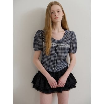 모어댄라이크 CHECK RIBBON LACE BLOUSE - NAVY