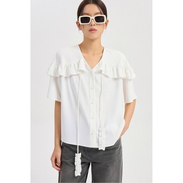 Ruffle Point Poly Short Sleeve Blouse (ivory) LFSAM26420IVX