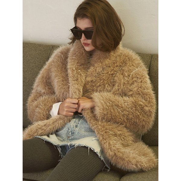 HAIRY SHAWL COLLAR  FUR COAT_ BEIGE
