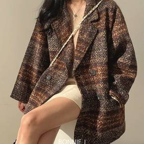 보니제이 / 아웃포켓 봄 가을 더블 체크 하프코트 레트로 여성 기