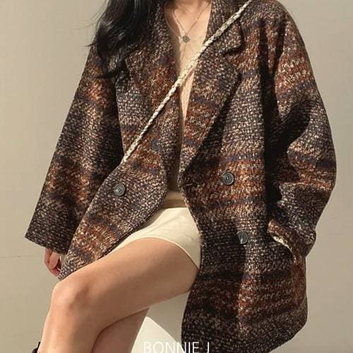 보니제이 / 아웃포켓 봄 가을 더블 체크 하프코트 레트로 여성 기
