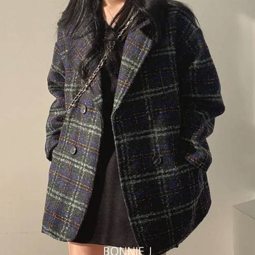 보니제이 / 아웃포켓 봄 가을 더블 체크 하프코트 레트로 여성 기