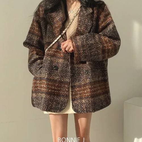 보니제이 / 아웃포켓 봄 가을 더블 체크 하프코트 레트로 여성 기