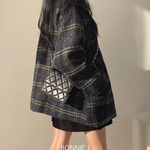 보니제이 / 아웃포켓 봄 가을 더블 체크 하프코트 레트로 여성 기
