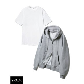 [2PACK] 앨빈클로 무지 레귤러핏 투웨이 후드집업 레이어드 롱 반팔 티셔츠 패키지