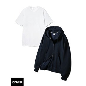[2PACK] 앨빈클로 무지 레귤러핏 투웨이 후드집업 레이어드 롱 반팔 티셔츠 패키지