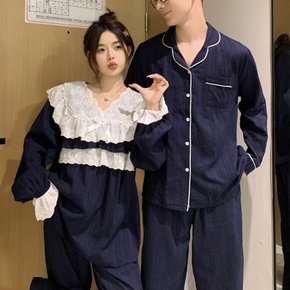 1+1 네이비 레이스 커플 긴팔 수면 잠옷 파자마 세트