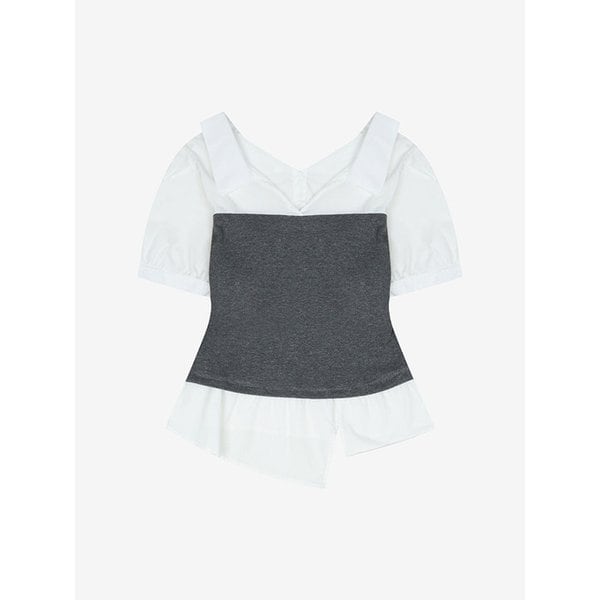 니트 배색 레이어드 반팔 셔츠 (TMBAE2459)