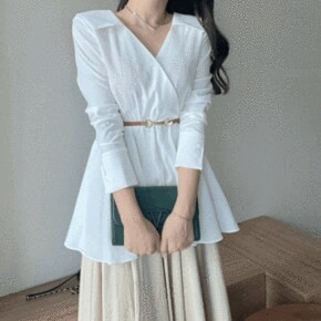 메튜 셔츠 허리밴딩 언발 프릴 셔링 긴팔 카라 블라우스 2Color _P348385197