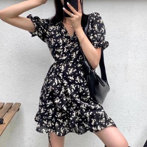 여름 꽃무늬 랩원피스 로브 퍼프소매 드레스 (10448428A)