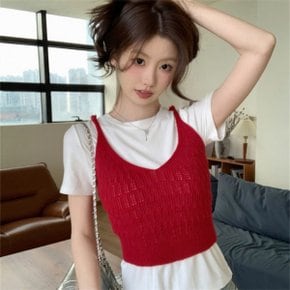 여자 의류 여름 뜨개짜임 레이어드탑 여자 니트조끼 뷔스티에