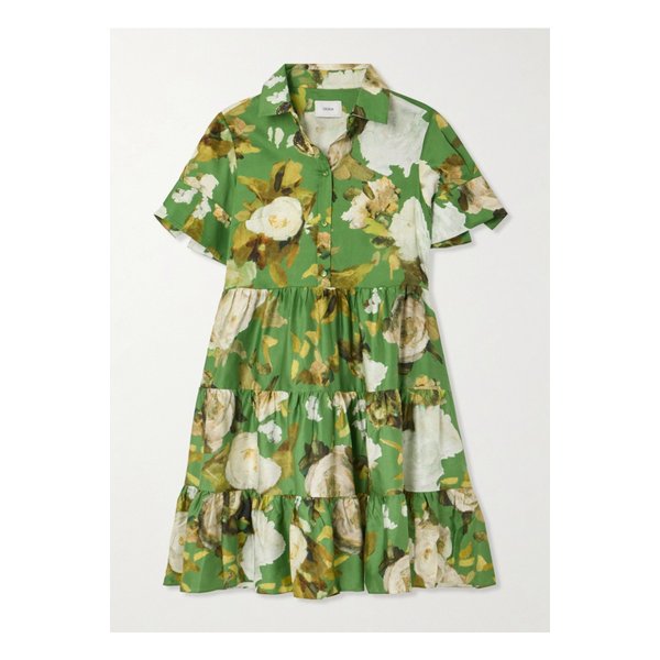 개더 티어드 플로럴 프린트 코튼 포플린 미니 셔츠 드레스 그린 46376663162865389