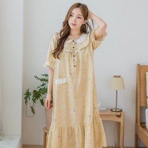 CA3V36715 여성잠옷 아사 순면 파자마 원피스 반팔 잠옷 옐로우_P350972885