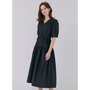 골드 버튼 셔링 퍼프 롱 원피스_P431260940
