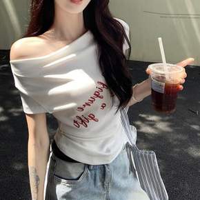 레터링 오프 숄더 슬림 반팔티 여름 티셔츠 원오픈