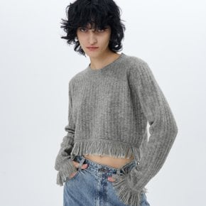 RIBBED-KNIT FRINGED PULLOVER(M.GREY)