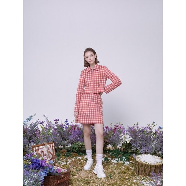 체크 크롭 자켓 (핑크)