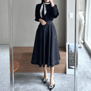 고티에 스티치 배색 뒷밴딩 A라인 플레어 롱 스커트 2COLOR _P370380915