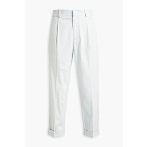 Pleated cotton-blend piqué tapered pants 블루 36093695688990861