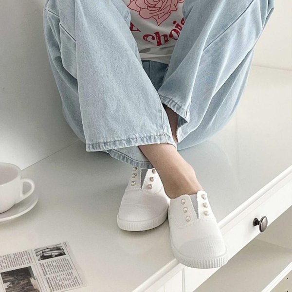 [옷자락] 여자 캐주얼 코튼 패브릭 진주큐빅 단화 슬립온