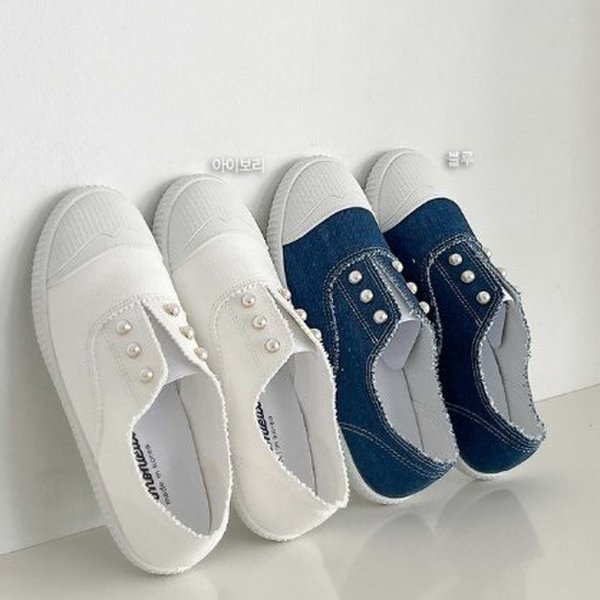 [옷자락] 여자 캐주얼 코튼 패브릭 진주큐빅 단화 슬립온