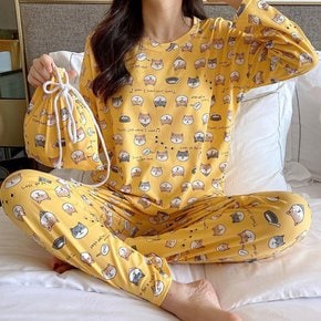 여성 홈웨어 노랑고양이 긴팔 파자마 잠옷세트