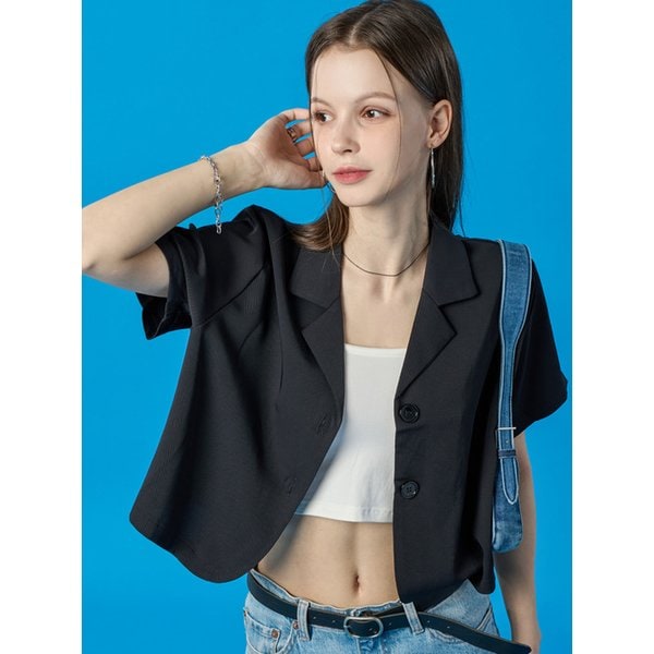 아이스 쿨링 크롭 무지 카라 반팔자켓 [BLACK] KGL.