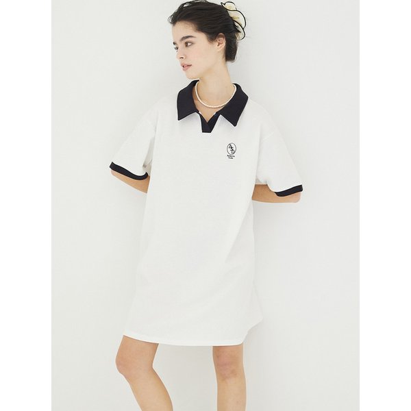 와플 카라 배색 원피스 아이보리