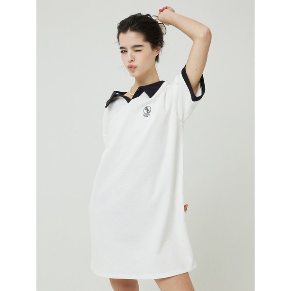 와플 카라 배색 원피스 아이보리