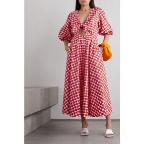 Peek-a-boo Belted Printed Cotton-poplin Midi Dress 레드