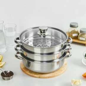 독일브랜드 IH인덕션 스텐 3단 찜 전골 냄비 28cm (2단찜기+전골냄비) 끓어넘침 튀틀림 방지 스텐찜솥 찜기