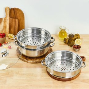 독일브랜드 IH인덕션 스텐 3단 찜 전골 냄비 28cm (2단찜기+전골냄비) 끓어넘침 튀틀림 방지 스텐찜솥 찜기
