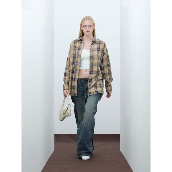 85-VIVA069 레트로 긱 무드 오버핏 포켓 긴팔 체크 셔츠 브라운