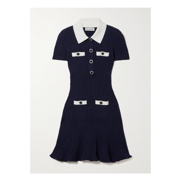 버튼 장식 골지 니트 미니 드레스 네이비 46376663162915064