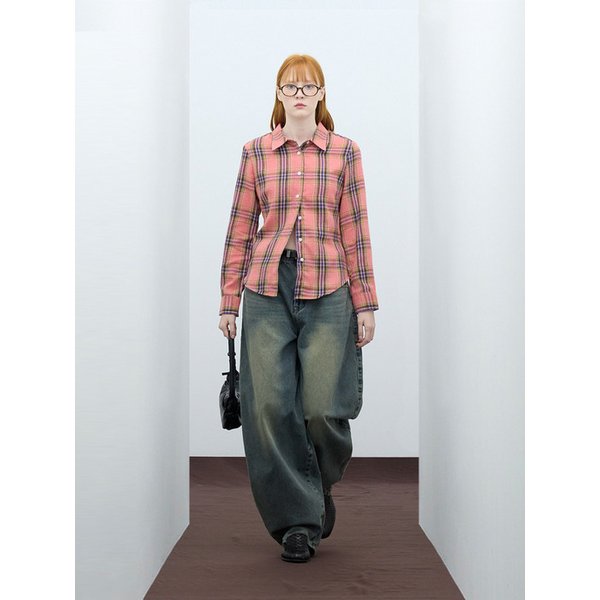 85-VIVA083 레트로 피스 슬림핏 긴팔 체크 셔츠 핑크