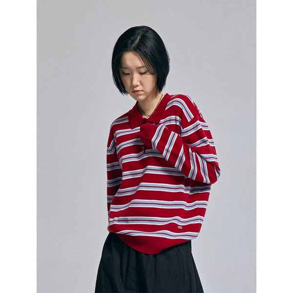 멀티 스트라이프 카라 니트 버건디