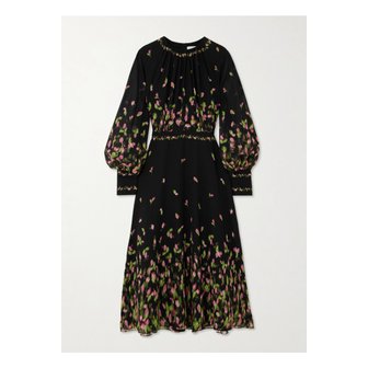 에르뎀 개더드 플로럴 프린트 실크 조젯 미디 드레스 블랙 1647597339805423