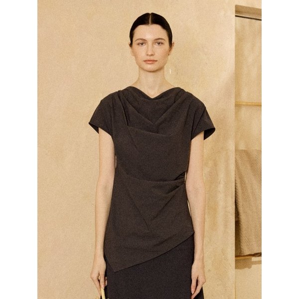 Cowl Neck Shirring Top Charcoal