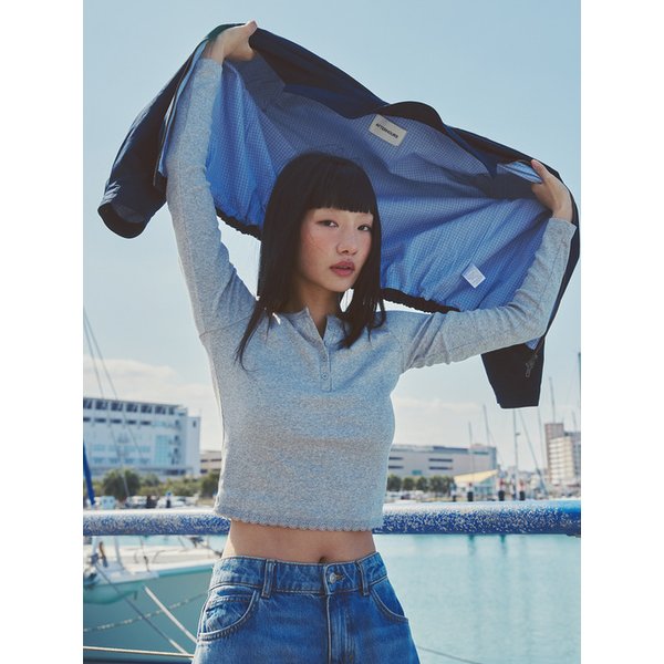 HENLEY NECK LACE HEM T-SHIRT (MELANGE GREY)