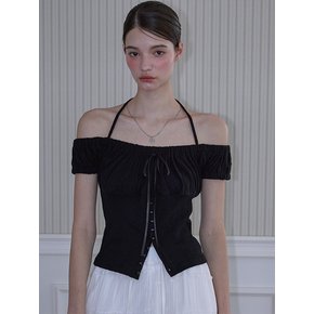 Shirring Halter Off Shoulder T-shirt [Black]