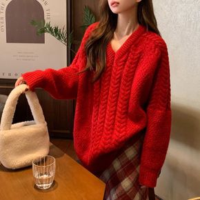 메르닌 케이블 니트 브이넥 스웨터_P377344575