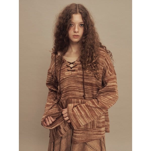 코지 레이스업 니트 탑 브라운