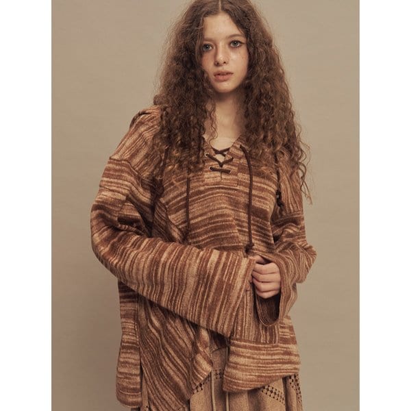 코지 레이스업 니트 탑 브라운