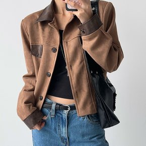 여자 스에이드 콤비 가죽카라넥 버튼 가을아우터 자켓