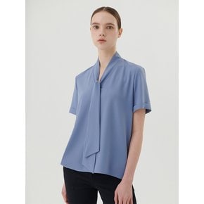 V-NECK SCARF SHORT SLEEVE BLOUSE - BLUE