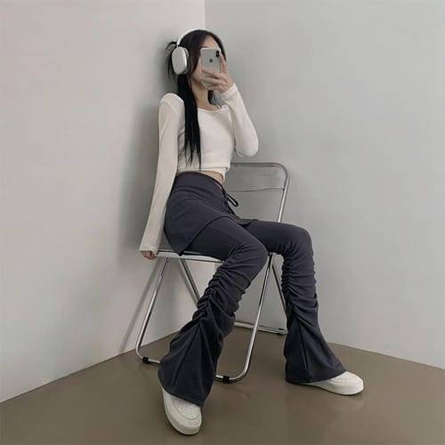 더핑크 / 티로 셔링 밴딩 스트랩 부츠컷 스커트 팬츠 (2color)