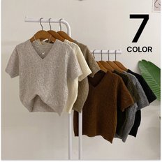 허니제이 / 이셜 꽈배기 브이넥 세미크롭 반팔 니트/ 7컬러