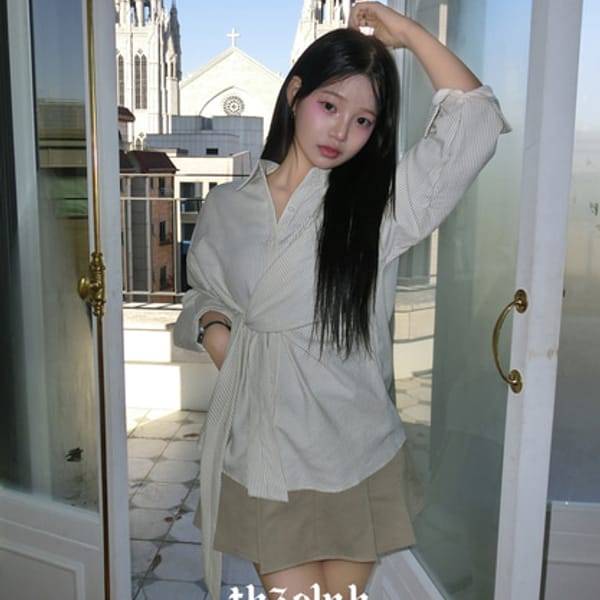 확대된 대표 더핑크 / 듀레 루즈핏 스트라이프 랩 타이 셔츠